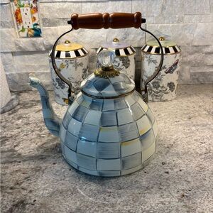 Mackenzie-Child’s New Sterling Check Teapot with Wooden Handle-3 QT